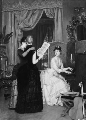Melissa keeps a poster showing the Victorian feminine domestic ideal in her dorm room.She says she loves imagining the past when women's worlds were at home and women supported each other in child rearing.Melissa enjoys imagining the: