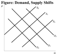<strong> Reference: Ref 4-8 (Figure: Demand, Supply Shifts) In the figure, the initial demand curve is D1 and the initial supply curve is S1. Suppose this depicts the market for corn. How does the market change when flooding in Iowa destroys a significant amount of the corn crop.</strong> A) S1 will shift to S2. B) D1 will shift to D2. C) S1 will shift to S3. D) There will be no change in supply or demand in the market for corn.