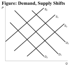 <strong> Reference: Ref 4-8 (Figure: Demand, Supply Shifts) In the figure, the initial demand curve is D1 and the initial supply curve is S1. If this depicts the equilibrium in the market for computer printers, what will happen when the price of computers increases?</strong> A) There is not enough information to determine what will happen. B) D1 will shift to D2. C) D1 will shift to D3. D) S1 will shift to S3.