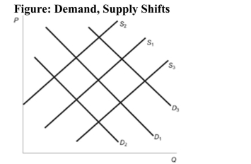 <strong> Reference: Ref 4-8 (Figure: Demand, Supply Shifts) In the figure, the initial demand curve is D1 and the initial supply curve is S1. Resource prices in this market increase; at the same time, the consumer population declines as migration causes an outflow of population to other regions. What happens to the supply curve and/or demand curve?</strong> A) S1 shifts to S2 but then shifts back to S1. D1 remains at D1. B) S1 shifts to S3 and D1 shifts to D2. C) S1 shifts to S2 and D1 shifts to D3. D) S1 shifts to S2 and D1 shifts to D2.