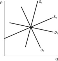 <strong>Figure: Elasticities of Supply and Demand Which combination of demand and supply curves results in the greatest tax burden to buyers?</strong> A) D<sub>0</sub> and S<sub>0</sub> B) D<sub>1</sub> and S<sub>1</sub> C) D<sub>0</sub> and S<sub>1</sub> D) D<sub>1</sub> and S<sub>0</sub>