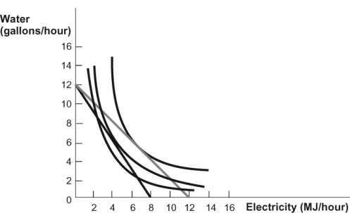 <strong>Use the following to answer questions: Figure: Water and Electricity (Figure: Water and Electricity) Refer to the figure. Using the solid budget constraint in this diagram, how much electricity and water per hour does this individual consume?</strong> A) 2 MJ and 9 gallons B) 4 MJ and 6 gallons C) 6 MJ and 3 gallons D) 7 MJ and 5 gallons