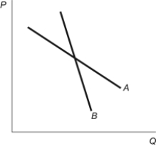 <strong>Figure: Demand Elasticities Refer to the figure. It shows two different demand curves. Based on the graph, which statement is TRUE?</strong> A) Elasticity of demand equals the slope of the curve so demand curve A is more elastic. B) Elasticity of demand equals the slope of the curve so demand curve B is more elastic. C) Since these two linear demand curves run through a common point we can say that at any given quantity, demand curve A is more elastic than curve B. D) We cannot infer anything about elasticity from this diagram because slope does not equal elasticity.