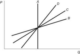 Figure: Supply Elasticity Refer to the figure. Which one of the four supply curves has the greatest responsiveness to price changes?