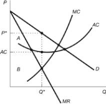 <strong>Figure: Monopolist Profits Refer to the figure. Which of the following answers correctly indicates the profit earned by this monopolist at the profit-maximizing quantity?</strong> A) the area A + B B) the area A - B B) - MC C) the area (A + D) area A