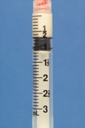 Identify the dosage measured on the syringe.