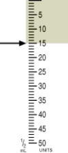 <strong>Identify the correct dose of insulin in the syringe. </strong> A) 15 units B) 14 units C) 16 units D) 17 units