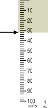 <strong>Identify the correct dose of insulin in the syringe. </strong> A) 30 units B) 35 units C) 31 units D) 32 units