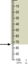 <strong>Identify the correct dose of insulin in the syringe. </strong> A) 70 units B) 73 units C) 72 units D) 74 units