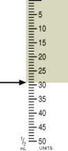 <strong>Identify the correct dose of insulin in the syringe. </strong> A) 31 units B) 26 units C) 27 units D) 29 units