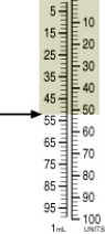 <strong>Identify the correct dose of insulin in the syringe. </strong> A) 50 units B) 53 units C) 52 units D) 55 units