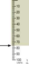 <strong>Identify the correct dose of insulin in the syringe. </strong> A) 70 units B) 76 units C) 75 units D) 71 units