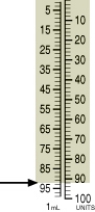 <strong>Identify the correct dose of insulin in the syringe. </strong> A) 92 units B) 93 units C) 90 units D) 94 units