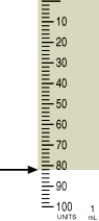 <strong>Identify the correct dose of insulin in the syringe. </strong> A) 82 units B) 81 units C) 83 units D) 84 units