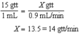 14 gtt/min 8 hr - 2.5 hr = 5.5 hr 300 mL ÷ 5.5 hr = 54.5 mL/hr 54.5 mL/hr ÷ 60 min/hr = 0.9 mL/min