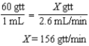 154-156 gtt/min 36 mL ÷ 14 min = 2.57 = 2.6 mL/min    