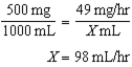 25-49 mg/hr; 50-98 mL/hr 0.4 mg/kg/hr × 61.4 kg = 24.56 = 25 mg/hr 0.8 mg/kg/hr × 61.4 kg = 49.12 = 49 mg/hr The dosage range is 25-49 mg/hr. The flow rate range is 50-98 mL/hr.