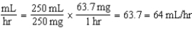 885-1062 mcg/min; 53-64 mL/hr 15 mcg/kg/min × 59 kg = 885 mcg/min 18 mcg/kg/min × 59 kg = 1062 mcg/min The dosage range is 885-1062 mcg/min. 885 mcg/min × 60 min/hr = 153,100 mcg/hr 53,100 mcg/hr ÷ 1000 mcg/mg = 53.1 mg/hr 1062 mcg/min × 60 min/hr = 63,720 mcg/hr 63,720 mcg/hr ÷ 1000 mcg/mg = 63.72 = 63.7 mg/hr         The flow rate range is 53-64 mL/hr.