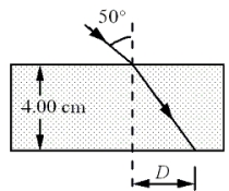 <strong>A ray of light passes from air into a block of glass with a refractive index of 1.59 as shown in the figure. Note: The drawing is not to scale. What is the value of the distance D?</strong> A)1.42 cm B)1.66 cm C)1.93 cm D)2.19 cm E)2.38 cm