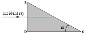 <strong>A ray of light is normally incident on face ab of a plastic prism with an index of refraction n = 1.20 as shown. -Determine the largest value of the angle \alpha so that the ray is totally reflected at the face ac if the prism is immersed in air.</strong> A)28° B)34° C)45° D)56° E)Total internal reflection will not occur for any value of \alpha .