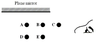<strong>Five balls labeled A, B, C, D, and E are placed in front of a plane mirror as shown in the figure. Which ball(s) will the observer, in the position shown, see reflected in the mirror? </strong> A)A only B)C only C)A and B D)A, B, D and E E)A, B, C, D and E