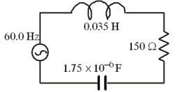 <strong>Use the information given in the figure for the series RCL circuit to determine the phase angle between the current and the voltage. </strong> A)zero degrees B)+5.3° C)-9.6° D)-84° E)+90°