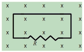 <strong>The figure shows a uniform magnetic field that is normal to the plane of a conducting loop with resistance R. Which one of the following changes will cause an induced current to flow through the resistor? </strong> A)decreasing the area of the loop B)decreasing the magnitude of the magnetic field C)increasing the magnitude of the magnetic field D)rotating the loop through 90° about an axis in the plane of the paper E)all of the above