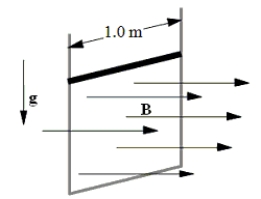 <strong>A 1.2-kg rod that has a length of 1.0 m and a resistance of 5.0 \varOmega slides with constant speed down a pair of frictionless vertical conducting rails that are joined at the bottom. Other than the rod, the rest of the circuit is resistanceless. A uniform magnetic field of magnitude 3.0 T is perpendicular to the plane formed by the rod and the rails as shown. Determine the speed of the rod. </strong> A)0.38 m/s B)0.90 m/s C)2.6 m/s D)6.5 m/s E)8.7 m/s