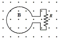 <strong>The figure shows a uniform, 3.0-T magnetic field that is normal to the plane of a conducting, circular loop with a resistance of 1.5 \varOmega and a radius of 0.024 m. The magnetic field is directed out of the paper as shown. Note: The area of the non-circular portion of the wire is considered negligible compared to that of the circular loop. -If the magnetic field is held constant at 3.0 T and the loop is pulled out of the region that contains the field in 0.2 s, what is the magnitude of the average induced emf in the loop?</strong> A)8.6 × 10<sup>-</sup><sup>3</sup> V B)9.8 × 10<sup>-</sup><sup>2</sup> V C)2.7 × 10<sup>-</sup><sup>2</sup> V D)5.4 × 10<sup>-</sup><sup>2</sup> V E)6.4 × 10<sup>-</sup><sup>2</sup> V