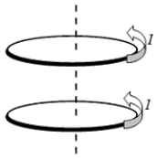 <strong>Two conducting loops carry equal currents I in the same direction as shown in the figure. If the current in the upper loop suddenly drops to zero, what will happen to the current in the lower loop according to Lenz's law? </strong> A)The current in the lower loop will decrease. B)The current in the lower loop will increase. C)The current in the lower loop will not change. D)The current in the lower loop will also drop to zero. E)The current in the lower loop will reverse its direction.