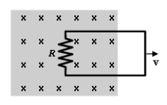 <strong>A circuit is pulled with a 21-N force toward the right to maintain a constant speed v. At the instant shown, the loop is partially in and partially out of a uniform magnetic field that is directed into the paper. As the circuit moves, a 4.0-A current flows through a 6.0- \varOmega resistor. -What is the magnitude of v?</strong> A)1.5 m/s B)4.6 m/s C)6.4 m/s D)7.8 m/s E)9.0 m/s