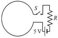 <strong>The figure shows a circular, conducting loop that is connected to a 5.0-V battery and a switch S. Immediately after the switch S is closed, the current through the loop changes at a rate of 15 A/s and the emf induced in the loop has a magnitude of 5.0 V. Determine the self-inductance of the coil. </strong> A)0.33 H B)0.60 H C)1.5 H D)3.0 H E)5.0 H