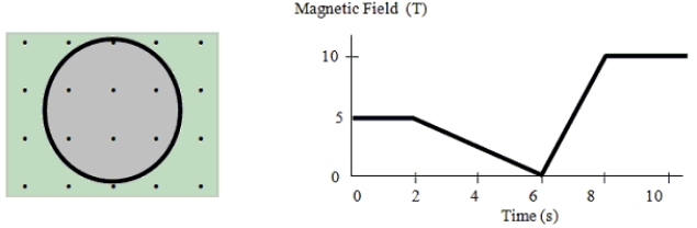 <strong>The figure shows a uniform magnetic field that is normal to the plane of the conducting loop of resistance R. Note: the area of the non-circular portion of the circuit is negligible compared to that of the loop. A circular loop of copper wire with an area of 2.0 m<sup>2</sup> lies in a plane perpendicular to a time-dependent magnetic field oriented as shown. The time-dependence of the field is shown in the graph. Which one of the entries in the table below is incorrect? </strong> A) B) C) D) E)