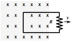 <strong>A loop is pulled with a force F to the right to maintain a constant speed of 8.0 m/s. The loop has a length of 0.15 m, a width of 0.080 m, and a resistance of 200.0 \varOmega . At the instant shown, the loop is partially in and partially out of a uniform magnetic field that is directed into the paper. The magnitude of the field is 1.2 T. -What is the induced current in the loop?</strong> A)0.048 A B)0.024 A C)7.2 × 10<sup>-</sup><sup>3</sup> A D)3.8 × 10<sup>-</sup><sup>3</sup> A E)zero amperes