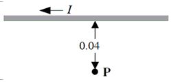 <strong>A long, straight wire is carrying a current of 5.0 A in the direction shown in the figure. The point P is 0.040 m from the wire.   What is the magnitude of the magnetic field at the point P?</strong> A)1.3 × 10<sup>-</sup><sup>5</sup> T B)1.9 × 10<sup>-</sup><sup>5</sup> T C)2.5 × 10<sup>-</sup><sup>5</sup> T D)7.9 × 10<sup>-</sup><sup>5</sup> T E)9.4 × 10<sup>-</sup><sup>5</sup> T <div style=padding-top: 35px> 