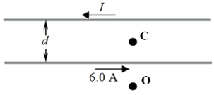 <strong>Two long, straight, parallel wires separated by a distance d carry currents in opposite directions as shown in the figure. The bottom wire carries a current of 6.0 A. Point C is at the midpoint between the wires and point O is a distance 0.50d below the 6-A wire as suggested in the figure. The total magnetic field at point O is zero tesla.   Determine the value of the current, I, in the top wire.</strong> A)2 A B)3 A C)6 A D)18 A E)This cannot be determined since the value of d is not specified. <div style=padding-top: 35px> 