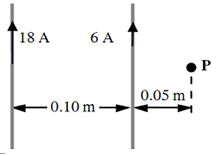 <strong>Two long, straight wires separated by 0.10 m carry currents of 18 A and 6 A in the same direction as shown.   Determine the magnitude of the magnetic field at the point P.</strong> A)2.4 × 10<sup>-</sup><sup>5</sup> T B)4.8 × 10<sup>-</sup><sup>5</sup> T C)7.2 × 10<sup>-</sup><sup>5</sup> T D)9.6 × 10<sup>-</sup><sup>5</sup> T E)zero tesla <div style=padding-top: 35px> 