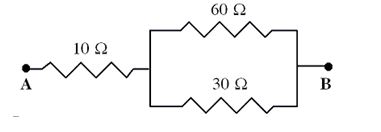 Three resistors are placed in a circuit as shown. The potential difference between points A and B is 30 V. -What is the equivalent resistance between the points A and B?