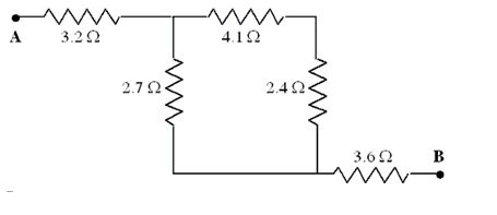  <strong>Five resistors are connected as shown in the diagram. The potential difference between points A and B is 15 V.    -What is the current in the 2.7- \varOmega resistor?</strong> A)12 A B)0.8 A C)2.2 A D)0.4 A E)1.2 A <div style=padding-top: 35px>  