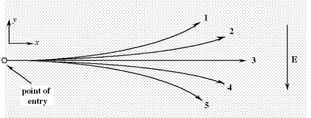 <strong>Two particles of the same mass carry charges +3Q and -2Q, respectively. They are shot into a region that contains a uniform electric field as shown. The particles have the same initial velocities in the positive x direction. The lines, numbered 1 through 5, indicate possible paths for the particles. If the electric field points in the negative y direction, what will be the resulting paths for these particles? </strong> A)path 1 for +3Q and path 4 for -2Q B)path 3 for +3Q and path 2 for -2Q C)path 4 for +3Q and path 3 for -2Q D)path 2 for +3Q and path 5 for -2Q E)path 5 for +3Q and path 2 for -2Q