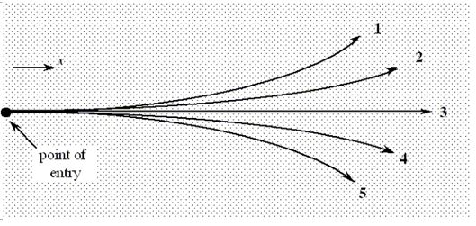 <strong>Five particles are shot from the left into a region that contains a uniform electric field. The numbered lines show the paths taken by the five particles. A negatively charged particle with a charge -3Q follows path 2 while it moves through this field. Do not consider any effects due to gravity. Which path would be followed by a charge +6Q?</strong> A)path 1 B)path 2 C)path 3 D)path 4 E)path 5