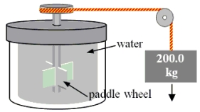 <strong>A 200.0-kg object is attached via an ideal pulley system to paddle wheels that are submerged in 0.480 kg of glycerin at 20.0 °C in an insulated container as shown. Then, the object falls through a distance of 5.00 m causing the paddle wheel to turn. Assuming all of the mechanical energy lost by the falling object goes into the water, determine the final temperature of the glycerin. The specific heat capacity of glycerin is 2410 J/ C<sup>o</sup>). </strong> A)4.90<sup> </sup>°C B)28.5<sup> </sup>°C C)24.9 °C D)40.4<sup> </sup>°C E)8.47<sup> </sup>°C