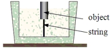 <strong>A 2-kg block displaces 10 kg of water when it is held fully immersed. The object is then tied down as shown in the figure; and it displaces 5 kg of water. What is the tension in the string? </strong> A)10 N B)20 N C)30 N D)70 N E)100 N