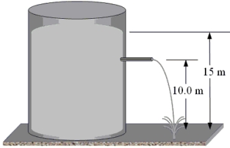 <strong>A large tank is filled with water to a depth of 15 m. A spout located 10.0 m above the bottom of the tank is then opened as shown in the drawing. With what speed will water emerge from the spout? </strong> A)3.1 m/s B)9.9 m/s C)14 m/s D)17 m/s E)31 m/s
