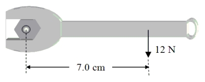 <strong>A wrench is used to tighten a nut as shown in the figure. A 12-N force is applied 7.0 cm from the axis of rotation. What is the magnitude of the torque due to the applied force? </strong> A)0.58 N . m B)0.84 N . m C)1.71 N . m D)14 N . m E)58 N . m