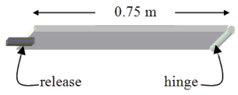 <strong>A uniform 13-kg trap door is oriented horizontally and hinged as shown. What is the magnitude of the torque on the door at the instant that the release is activated and the door can freely rotate? </strong> A)4.9 N . m B)9.8 N . m C)48 N . m D)72 N . m E)96 N . m