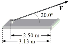 <strong>One end of a rope is tied to the handle of a horizontally-oriented and uniform door. A force is applied to the other end of the rope as shown in the drawing. The door has a weight of 145 N and is hinged on the right. What is the maximum magnitude of for which the door will remain at rest? </strong> A)145 N B)265 N C)381 N D)424 N E)530 N