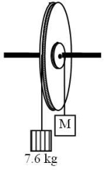 <strong>In the drawing shown, the large wheel has a radius of 7.1 m. A rope is wrapped around the edge of the wheel and a 7.6 kg-box hangs from the rope. A smaller disk of radius 1.38 m is attached to the wheel. A rope is wrapped around the edge of the disk as shown. An axis of rotation passes through the center of the wheel-disk system. What is the value of the mass M that will prevent the wheel from rotating? </strong> A)34 kg B)12 kg C)17 kg D)39 kg E)46 kg