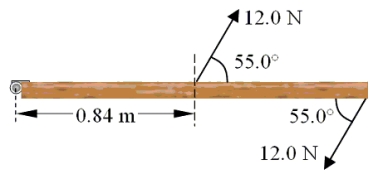 <strong>The drawing shows the top view of a door that is 1.68 m wide. Two forces are applied to the door as indicated. What is the magnitude of the net torque on the door with respect to the hinge? </strong> A)0 N . m B)4.4 N . m C)8.3 N . m D)9.1 N . m E)11 N . m