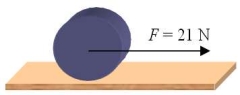 <strong>A steady horizontal force of magnitude 21 N is applied at the axle of a solid disk as shown. The disk has mass 2.0 kg and diameter 0.10 m. What is the linear speed of the center of the disk after it has moved 12 m? </strong> A)9.0 m/s B)13 m/s C)16 m/s D)22 m/s E)44 m/s
